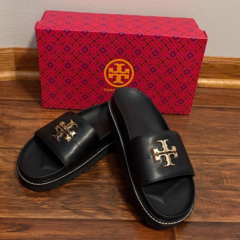 SOLD Tory Burch Black and Gold Slide Sandals